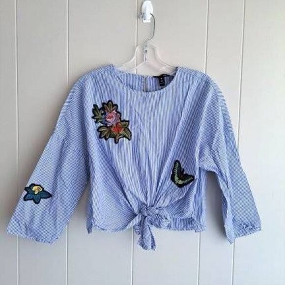 Aqua Tops - Aqua Women's Floral Butterfly Embroidered Striped Knot Front Top Blue Size XS